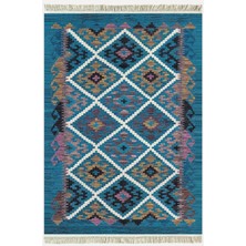 Cotton Kilim 60 Mavi Geleneksel Motifler Modern Dekoratif Saçaklı Yıkanabilen Dokuma Kilim
