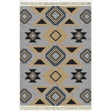 Cotton Kilim 49 Gri Zeminli Geneleksel Motifler Modern Dekoratif Yıkanabilen Dokuma Kilim