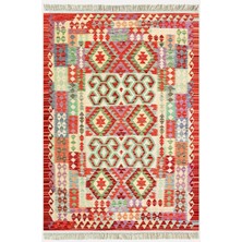 Cotton Kilim 57 Turuncu Geleneksel Motifler Modern Dekoratif Saçaklı Yıkanabilen Dokuma Kilim