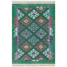 Cotton Kilim 62 Yeşil Geleneksel Motifler Modern Dekoratif Saçaklı Yıkanabilen Dokuma Kilim