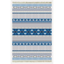 Cotton Kilim 78 Mavi ve Beyaz Tonlarında Etnik Bohem Stil Pamuk Taban