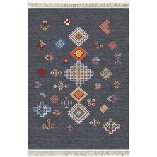 Cotton Kilim 54 Füme Zemin Geleneksel Motifler Modern Dekoratif Saçaklı Yıkanabilen Dokuma Kilim