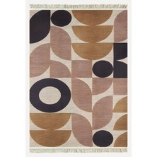 Cotton 68 Pudra Camel ve Siyah Pastel Geometrik Desenli Dokuma Kilim
