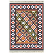 Cotton Kilim 42 Lacivert Zeminli Geneleksel Motifler Modern Dekoratif Yıkanabilen Dokuma Kilim
