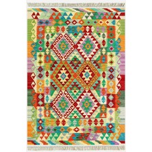 Cotton Kilim 64 Yeşil Geleneksel Motifler Modern Dekoratif Saçaklı Yıkanabilen Dokuma Kilim