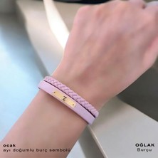 Archin Ocak Ayı Doğumlarına Dikdörtgen Figürlü 14 Ayar Altın Plakalı Pembe Derili Hediye BILEKLIK-613AY