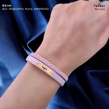 Archin Ekim Ayı Doğumlarına Dikdörtgen Figürlü 14 Ayar Altın Plakalı Pembe Derili Hediye BILEKLIK-613AY