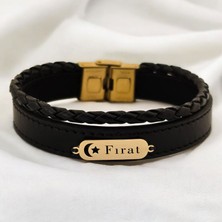 Archin Fırat Ismine Özel Siyah Derili Ay Yıldız Motifli 14 Ayar Altın Plakalı Hediye BILEKLIK-612ISIM