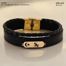Archin Oğlak Burçları Için Ay Yıldız Motifli 14 Ayar Altın Plakalı Siyah Derili Hediye BILEKLIK-612BURÇ