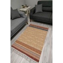 Cotton Serisi Kahve ve Gri Tonlarında Bordürlü Eskitme Desenli Dekoratif Dokuma Taban Kilim