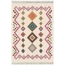 Cotton Serisi Krem Tonunda Geometrik Desenli Dekoratif Dokuma Taban Kilim