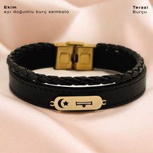 Altın Plakalı 14 Ayar Ekim Ayı Doğumlarına Ay Yıldız Motifli Siyah Derili Hediye BILEKLIK-612AY