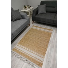 Cotton Serisi Kahve Taban Üstü Beyaz Çizgili Hasır Görünümlü Desen, Dekoratif Dokuma Taban Kilim