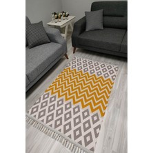 Cotton Serisi Sarı Zikzak ve Gri Baklava Geometrik Desenli Dekoratif Dokuma Taban Kilim