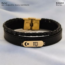 Altın Plakalı 14 Ayar Eylül Ayı Doğumlarına Siyah Derili Ay Yıldız Motifli Hediye BILEKLIK-612AY