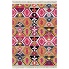 Cotton Serisi Pembe ve Kahverengi Tonlarında Geometrik Desen Dekoratif Dokuma Taban Kilim