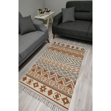 Cotton Serisi Kahve ve Gri Tonlarında Otantik Geometrik Desenli Dekoratif Dokuma Taban Kilim