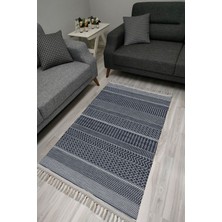 Cotton Serisi Lacivet Taban Üstünde Beyaz Geometrik Otantik Dekoratif Dokuma Taban Kilim