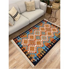 Cotton Serisi Hardal Tonlarında Bordür Desenli Dekoratif Dokuma Taban Kilim