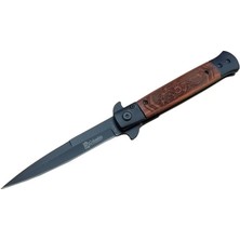 Fs 902 Siyah Kamp Çakı 23CM- Yarı Otomatik, Ejderha Motifli Ahşap Sap, Kemerlikli