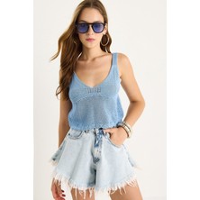 Shade Kadın Ajurlu Askılı Crop Triko Bluz