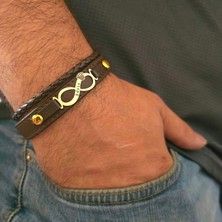 14 Ayar Plakalı Altın Idris Yazılı Kahverengi Derili Sonsuzluk ve Taç Motifli BILEKLIK-614ISIM