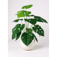 Yapay Çiçek Salon Bitkisi Monstera 70CM 18 Yaprak Beyaz Küre Saksıda