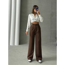 Kadın  Cepli Extra Yüksek Bel Agraflı Atlas Kumaş Palazzo Pantolon G9671