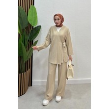 Kadın Çapraz Bağlamalı Keten Kimono Tesettür Pantolon Takım