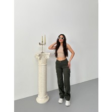 Kadın Kargo Cepli Likralı Yüksek Bel Wide Leg Pantolon