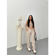 Kadın Kargo Cepli Likralı Yüksek Bel Wide Leg Pantolon