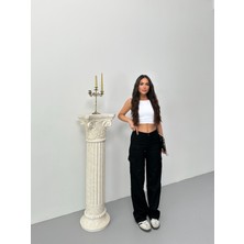 Kadın Kargo Cepli Likralı Yüksek Bel Wide Leg Pantolon