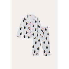 Katia & Bony Kız Çocuk Teddy Desenli Cepli Pijama Takımı Mavi