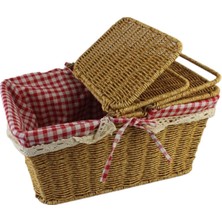 Büyük Boy Plastik Rattan Örme Piknik Sepeti Dikdörtgen Ekoseli Krem Brt Ddk