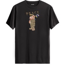 Asker Ayıcık Peace Baskılı Uniseks Tişört - %100 Pamuk Tasarım T-Shirt