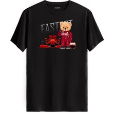 Formula Yarışçı Ayıcık Baskılı Tişört - %100 Pamuk Hız Temalı Tasarım T-Shirt