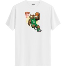 Yeşil Formayla Smaç Basan Basketbolcu Ayı Baskılı Tişört - %100 Pamuk Spor Tasarım T-Shirt