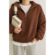 Ghassy Co. Kadın Pamuklu Oversize Silver Yarım Fermuarlı Sweatshirt