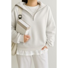 Ghassy Co. Kadın Pamuklu Oversize Silver Yarım Fermuarlı Sweatshirt