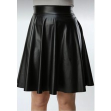 Kadın Siyah Kloş Suni Deri Etek Leather Skirt