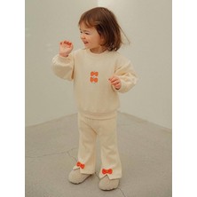 Kız Çocuk Pamuklu Bej Turuncu Fiyonk Detaylı Eşofman Takımı