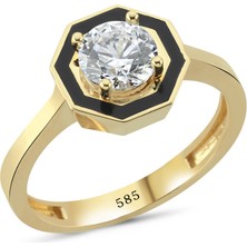 14 Ayar Altın Siyah Mineli Taşlı Sekizgen Yüzük