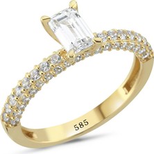 14 Ayar Altın Açık Bant Zirkon Taşlı Tektaş Baget Yüzük