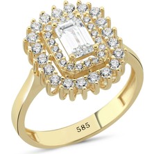 14 Ayar Altın Halo Zirkon Taşlı Baget Yüzük