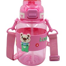 Sevimli Ayıcıklı 800 ml Pipetli ve Kilitli Çocuk Matara, Pembe