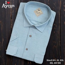 Linen Keten Klasik Kısa Kollu Iki Cepli Kapaklı Mavi Baba Gömleği (Regular Kalıp)