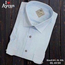 Linen Keten Klasik Kısa Kollu Iki Cepli Kapaklı Mavi Baba Gömleği (Regular Kalıp)