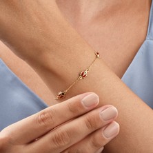 14 Ayar Altın Kaplama Minimal Mineli Uğur Böceği  Gümüş Bileklik - BE00102