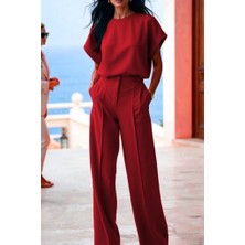 Ag Shoppings Kadın Kısa Kollu Bisiklet Yaka Bluz Yüksek Bel Cep Detaylı Pantolon Atlas Ikili Takım