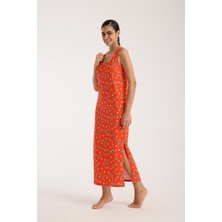 Modaserdem  Kadın Kalın Askılı Yırtmaçlı Uzun Turuncu Gecelik